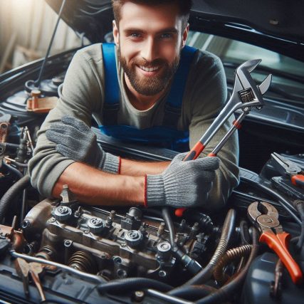 realistic image of a car mechanic repairing a car engine