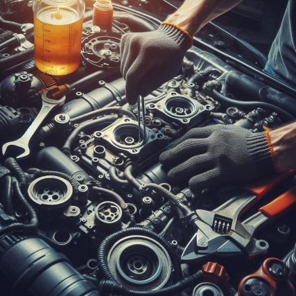 realistyczne zdjęcie naprawy mechaniki samochodowej na tle silnika